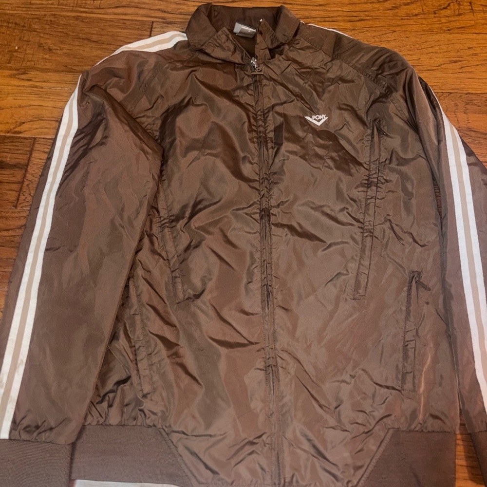 Pony Brown Windbreaker with White Stripe Detail